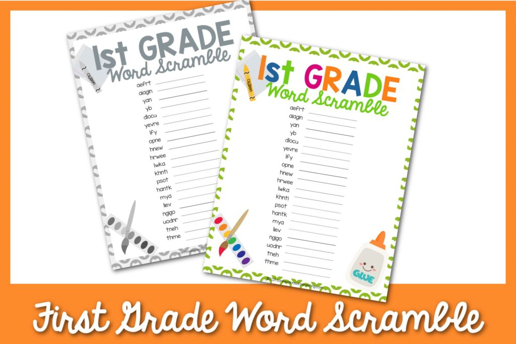 1 black and white, 1 color 1st grade word scramble with orange border