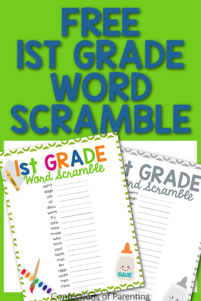 1 color, 1 black and white 1st grade word scrambles with green border