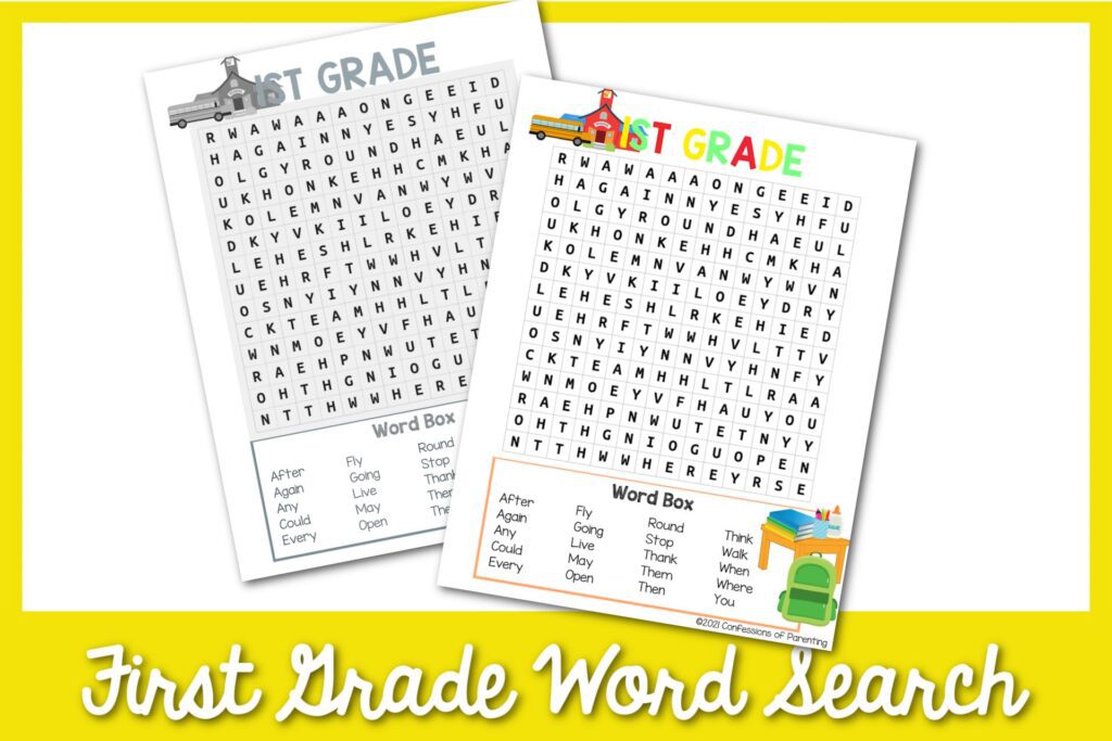 1 black and white, 1 color 1st grade word search work sheets with yellow border