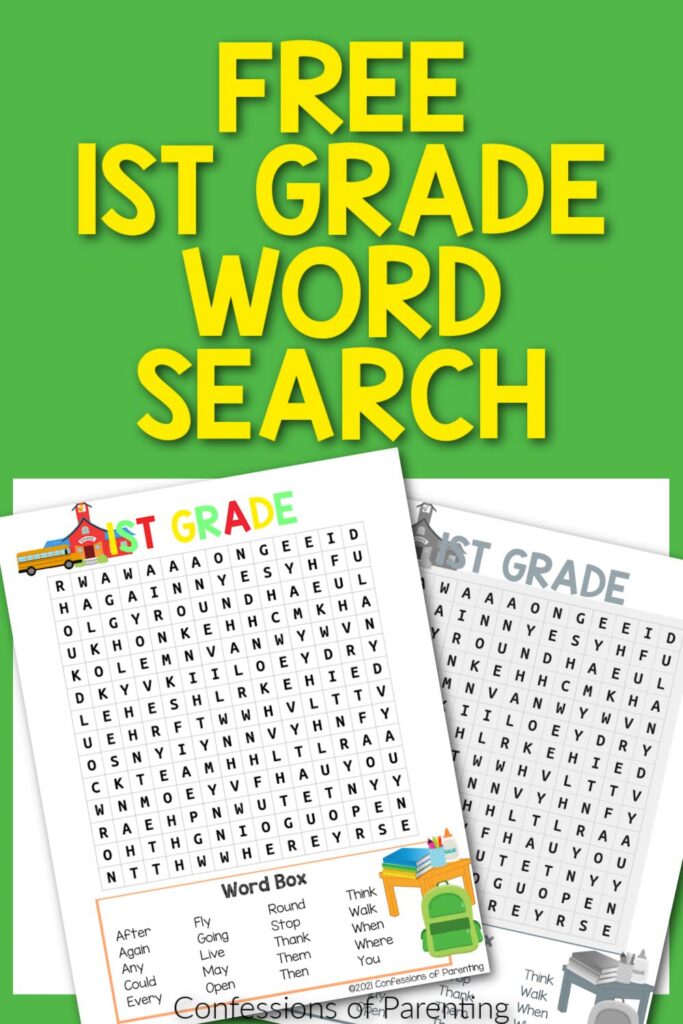 1 color, 1 black and white 1st grade word search worksheets with green border