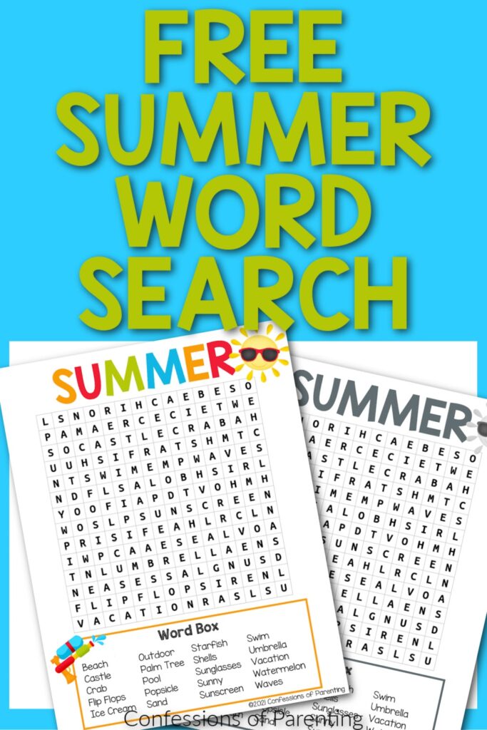 Free Summer word search with two Summer word search worksheets