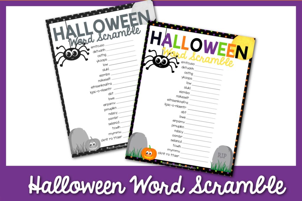 1 black and white, 1 color Halloween word scramble printable with a dark purple border