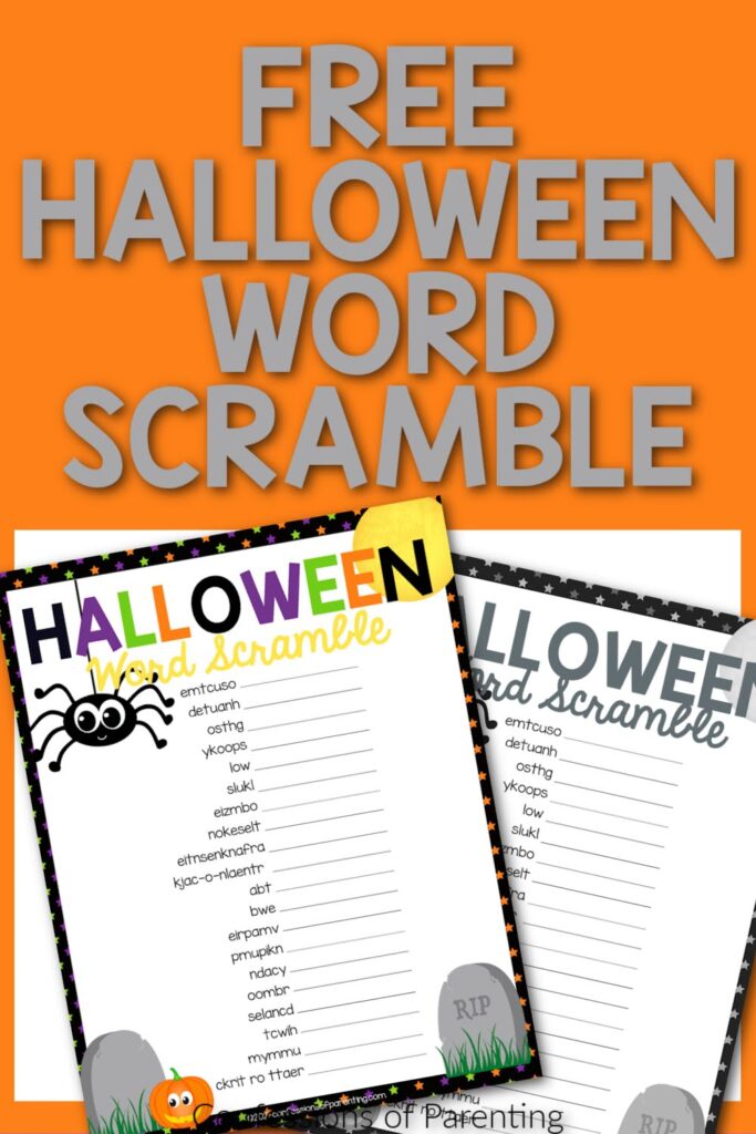 1 color, 1 black and white Halloween word scramble printable with an orange border