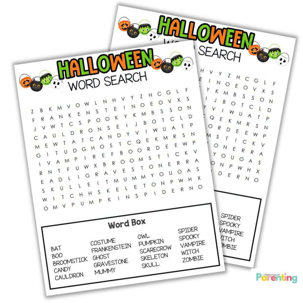 Two printable Halloween word search worksheets with fun spooky words like 'pumpkin,' 'witch,' and 'skeleton'—perfect for kids' holiday activities.