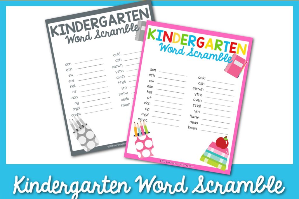 1 black and white, 1 color word scrambles printable with a light blue border