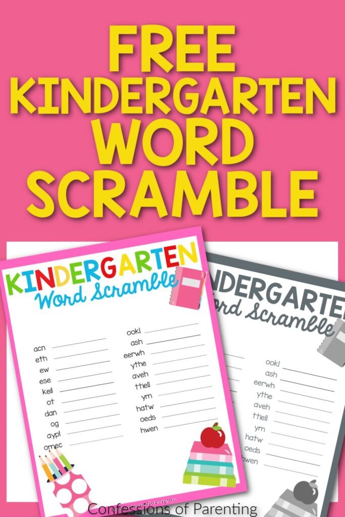 1 color, 1 black and white word scrambles printable with a pink border