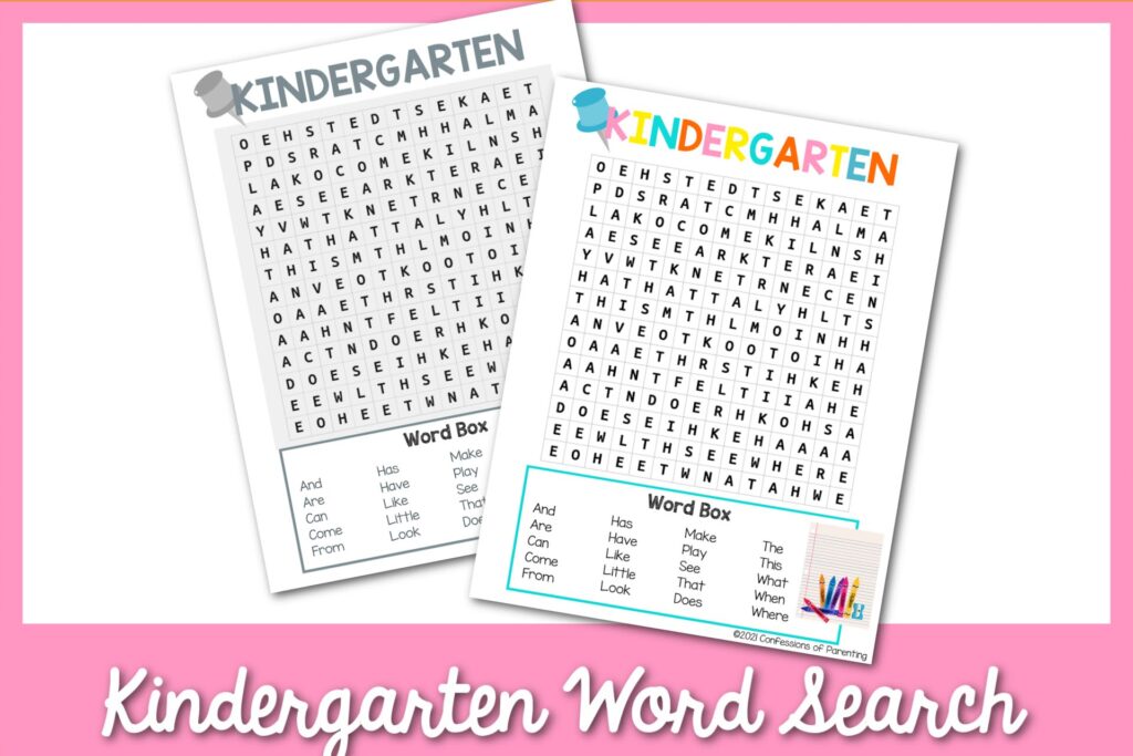 1 black and white, 1 color Kindergarten word search worksheets with pink border