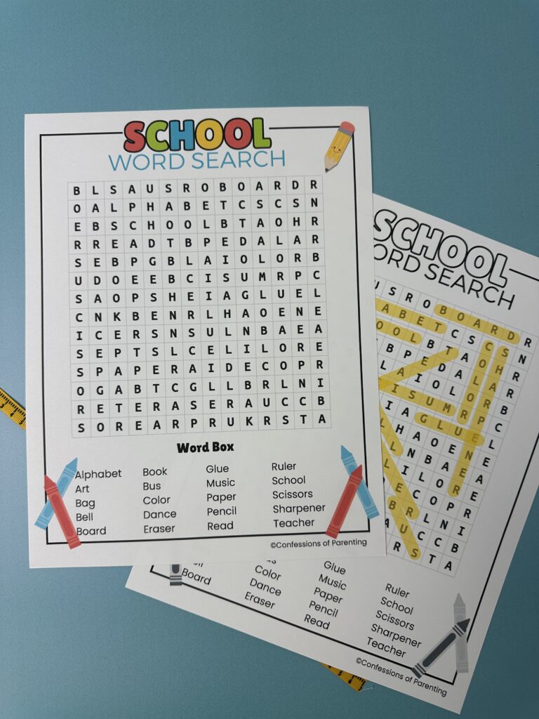 Two back to school word search printables side by side—one blank and one with words highlighted in yellow (answer key).