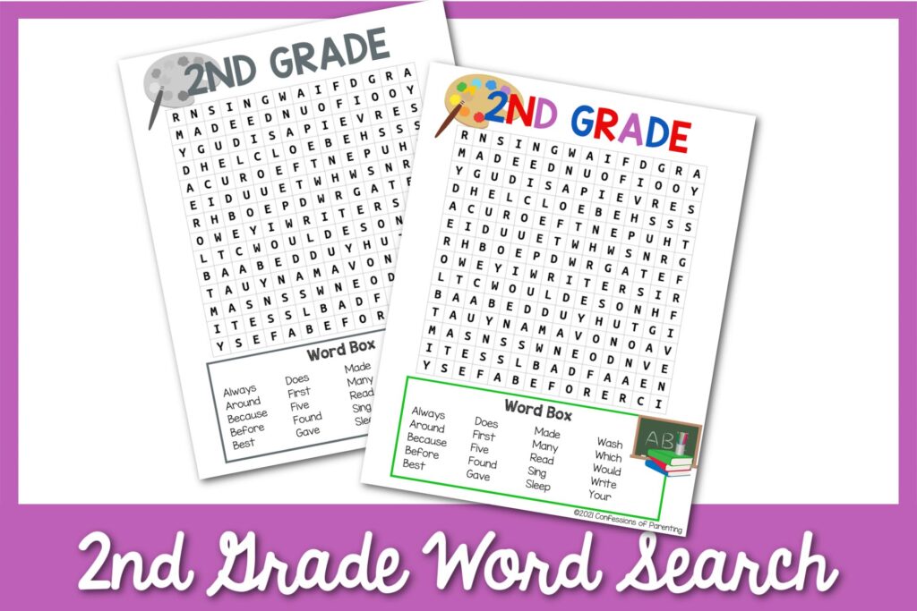 Two 2nd grade word search printables with purple border