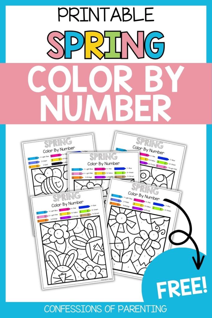 Printable spring color-by-number worksheets featuring flowers, bees, and bunnies with a color key; labeled free