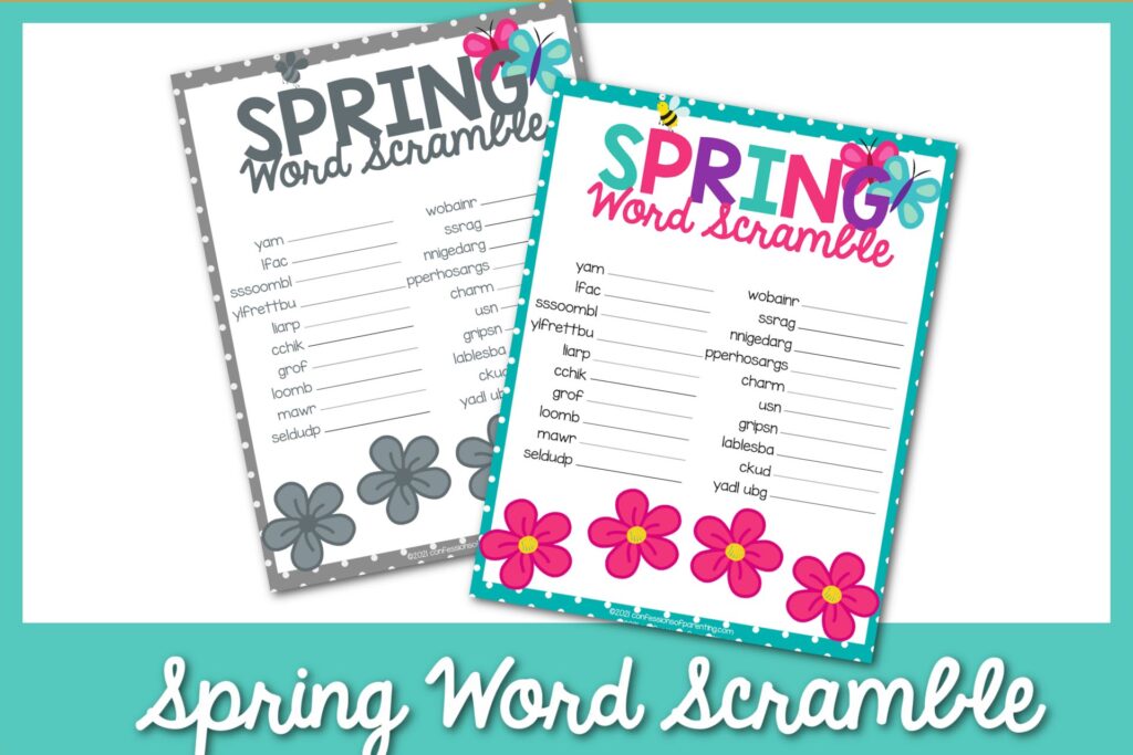 1 black and white, 1 color Spring Word Scramble Printable with a light blue border.