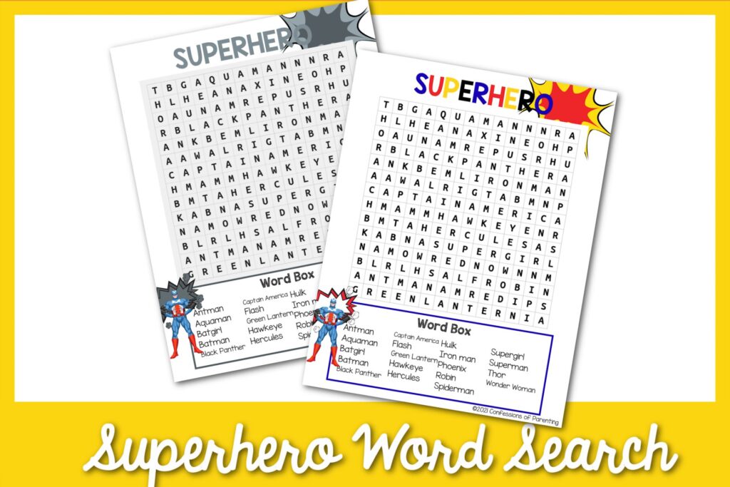 Two superhero word search worksheets