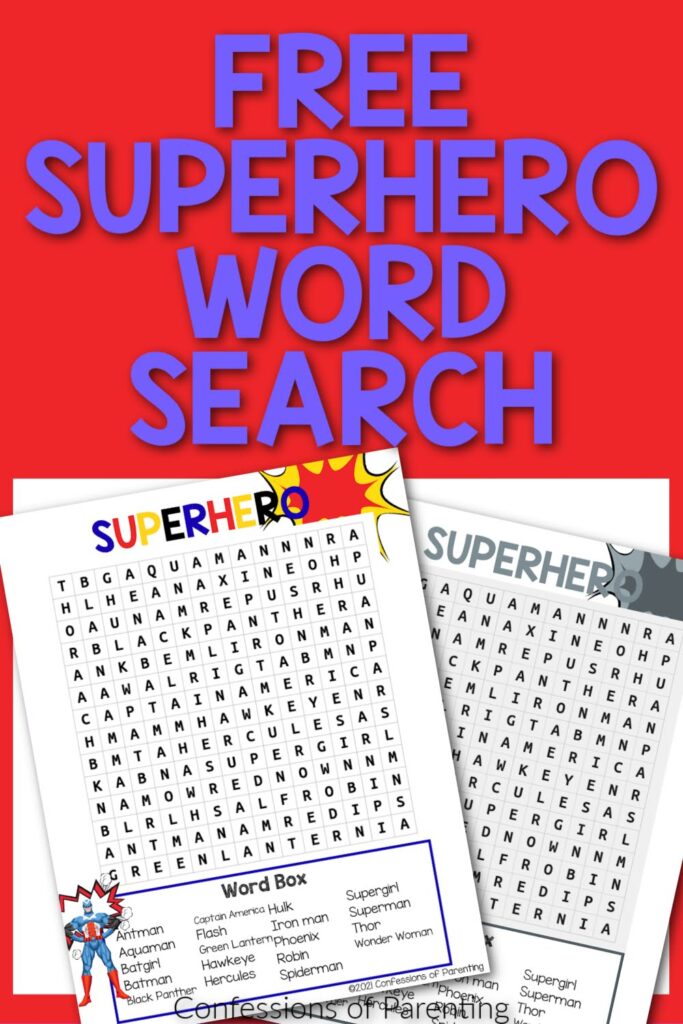 Free Superhero Word Search with two superhero word search worksheets