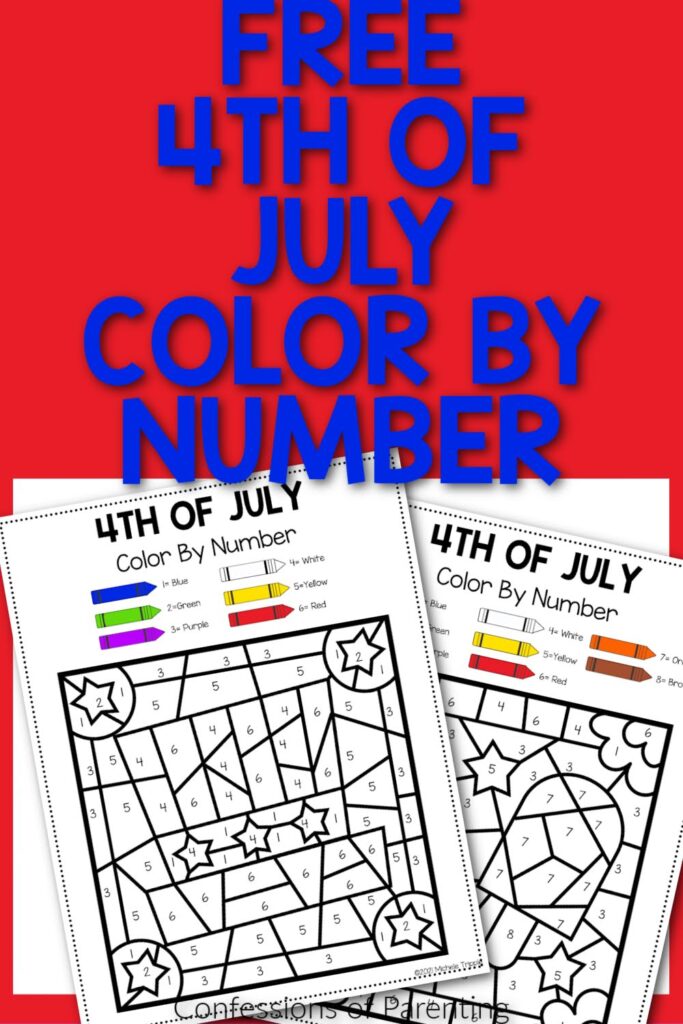 2 4th of July color by number sheets on a red background