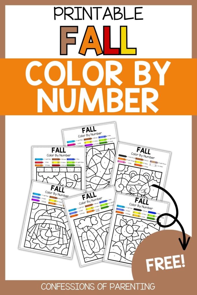 Pinterest Pin: teal border with Fall Color By NumberPDF mockup with Fall Color By Number printable

