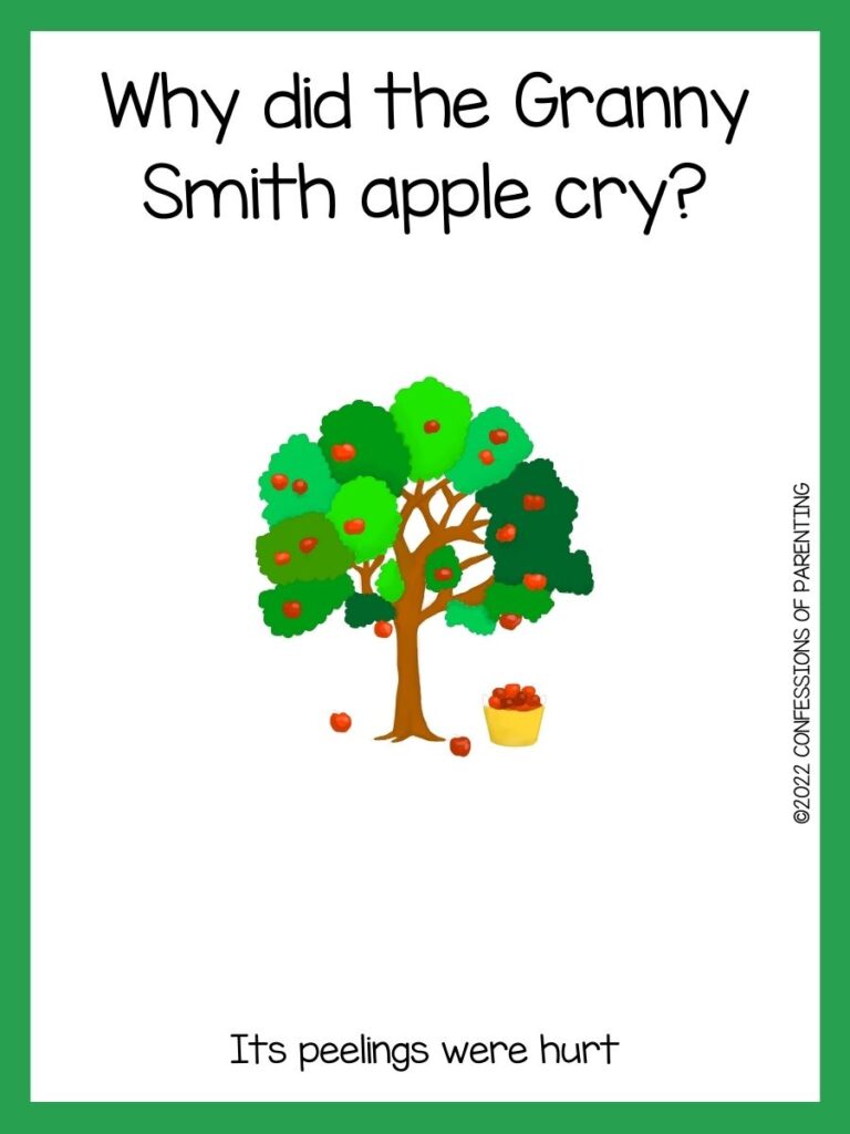 Apple tree and basket with apple joke and green border