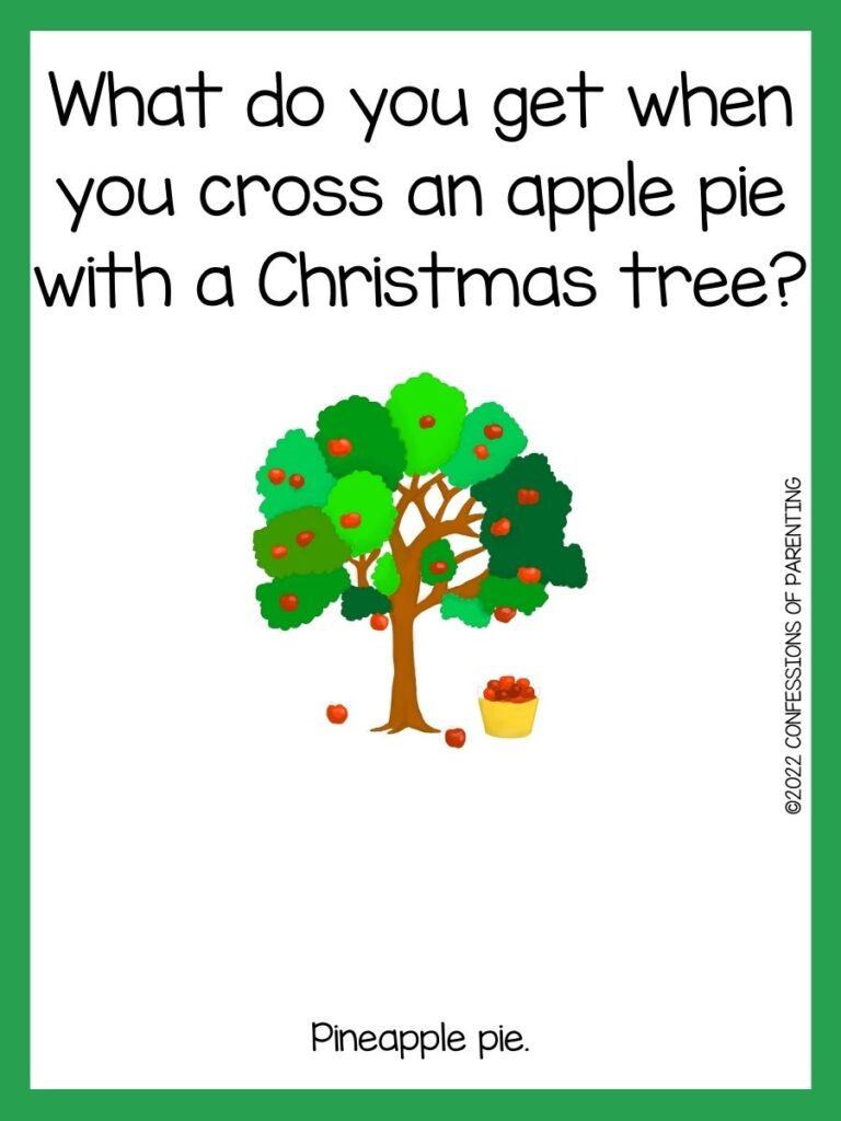Apple tree with fallen apples and apple basket with apple joke and green border