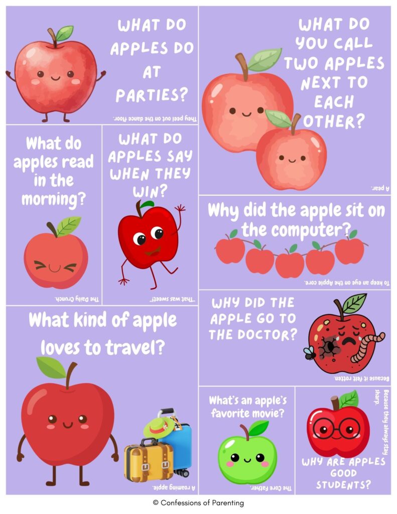 Purple collage of kid-friendly apple jokes featuring cute cartoon apples asking funny riddles about parties, school, computers, travel, and food.