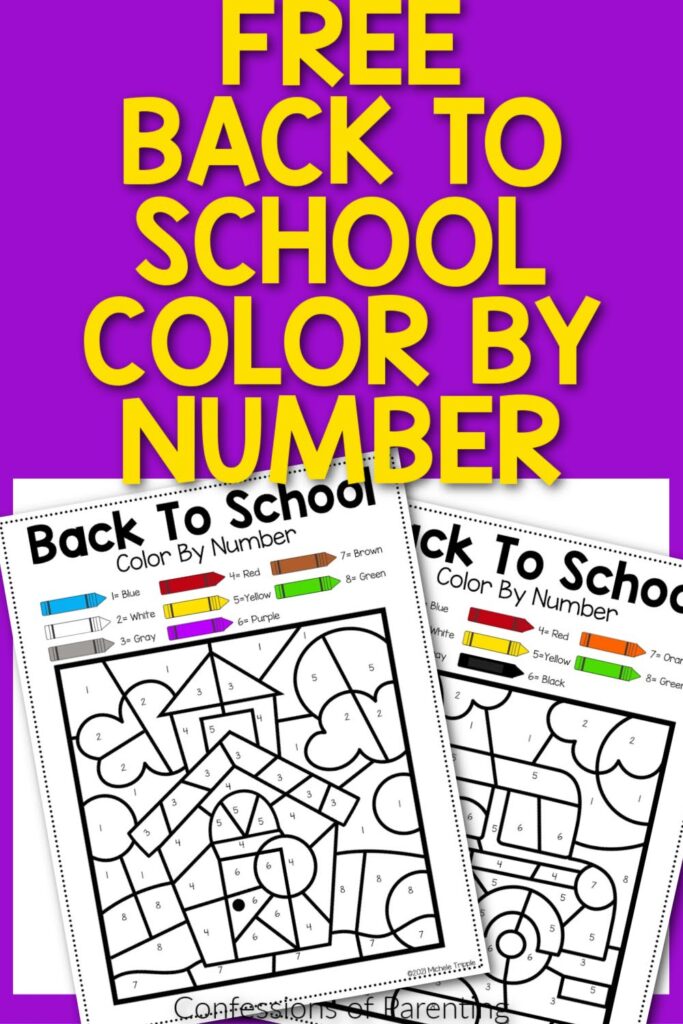 2 back to school color by number sheets on a purple background