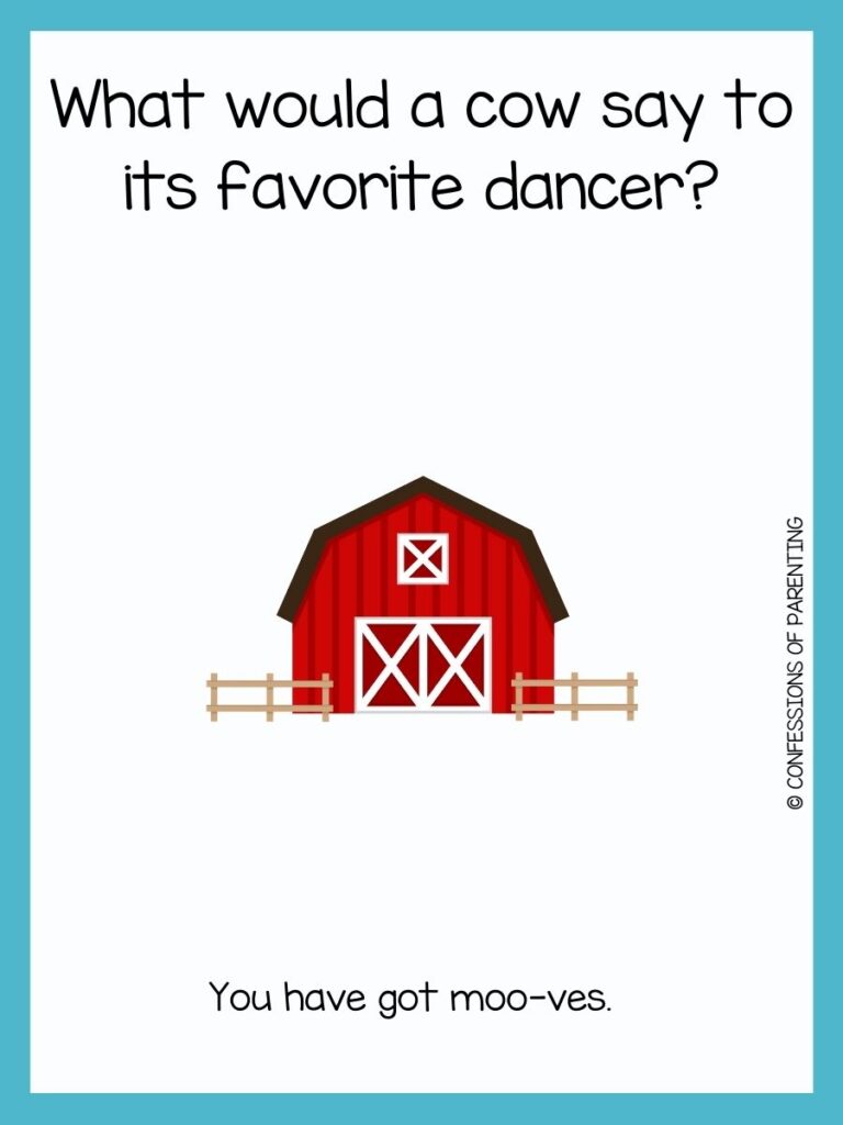 Red barn and tan fence with cow joke and a blue border