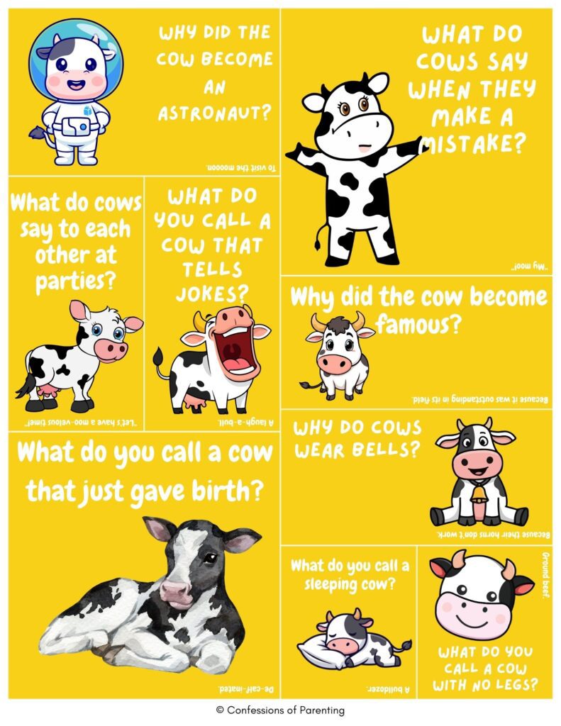 Cow joke cards with cartoon cows and kid-friendly cow jokes on a bright yellow background.