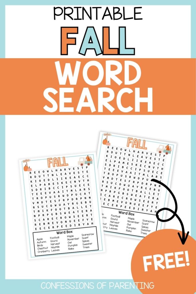 Printable Fall Word Search cover image showing two colorful word search pages featuring autumn-themed words, pumpkins, and a “FREE!” badge in the corner.