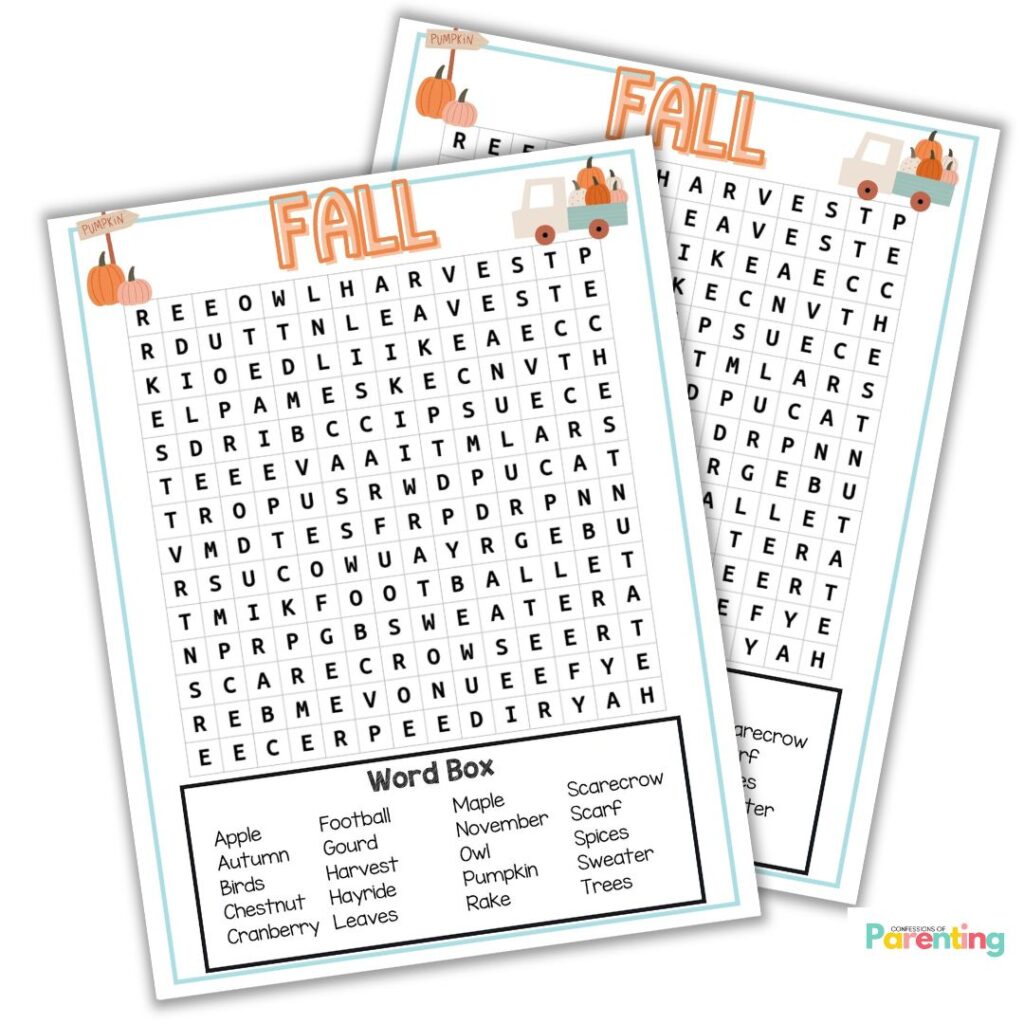 Two printable fall-themed word search pages with seasonal words like "harvest," "leaves," and "pumpkin" displayed in a word box below the puzzle grid. Designed with cute fall clipart and perfect for kids’ activities.