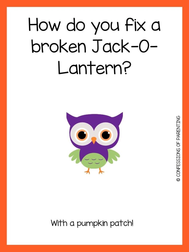 Green and purple owl with a Halloween joke and an orange border