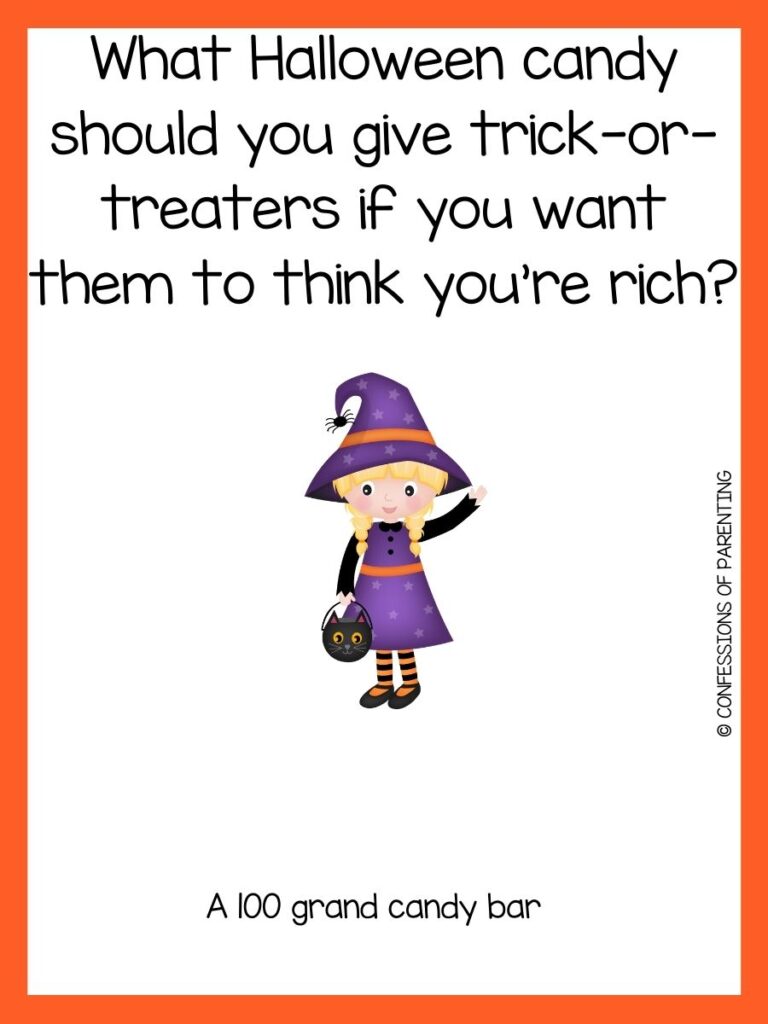 Girl in a witch costume with a Halloween joke and an orange border