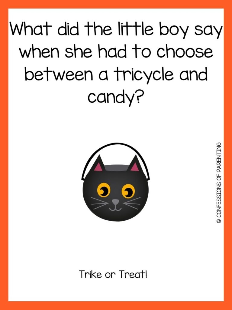 Black cat Halloween bucket with a Halloween joke and an orange border