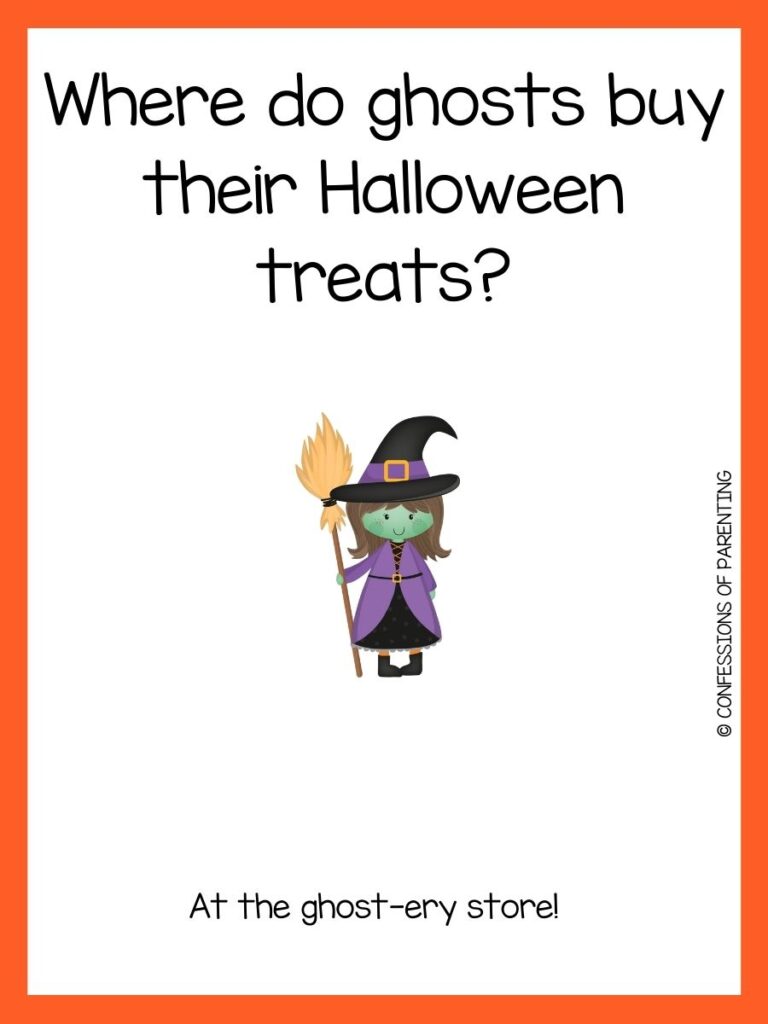 Witch with a Halloween joke and an orange border