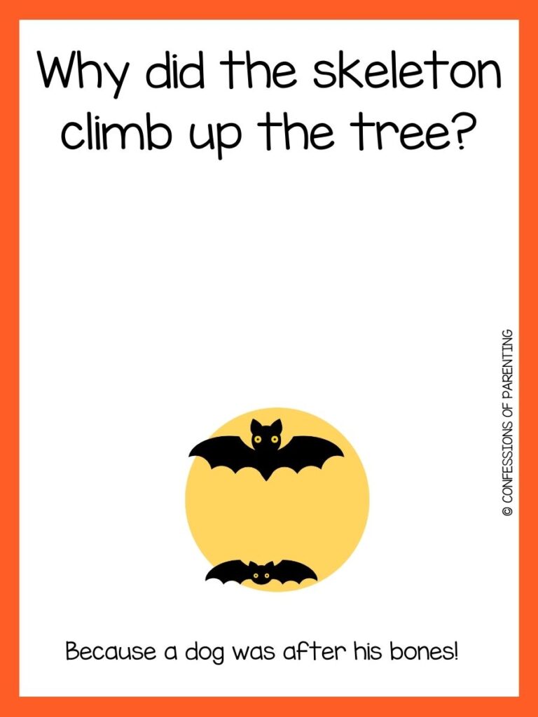 Two bats and a moon with a Halloween joke and an orange border