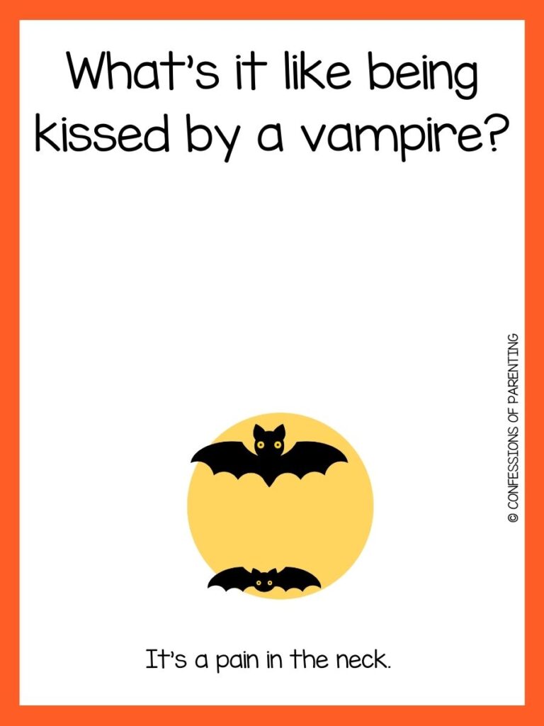 Two bats and a moon with a Halloween joke and an orange border