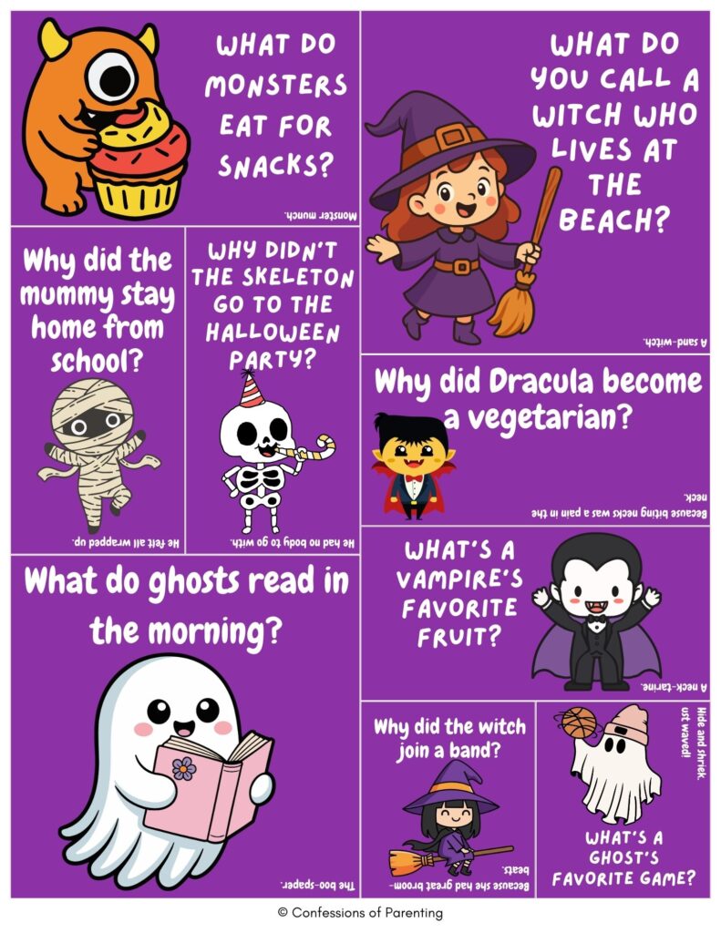 Purple collage of Halloween jokes for kids with cartoon monsters, witches, ghosts, mummies, and vampires featuring funny Halloween-themed riddles and puns.