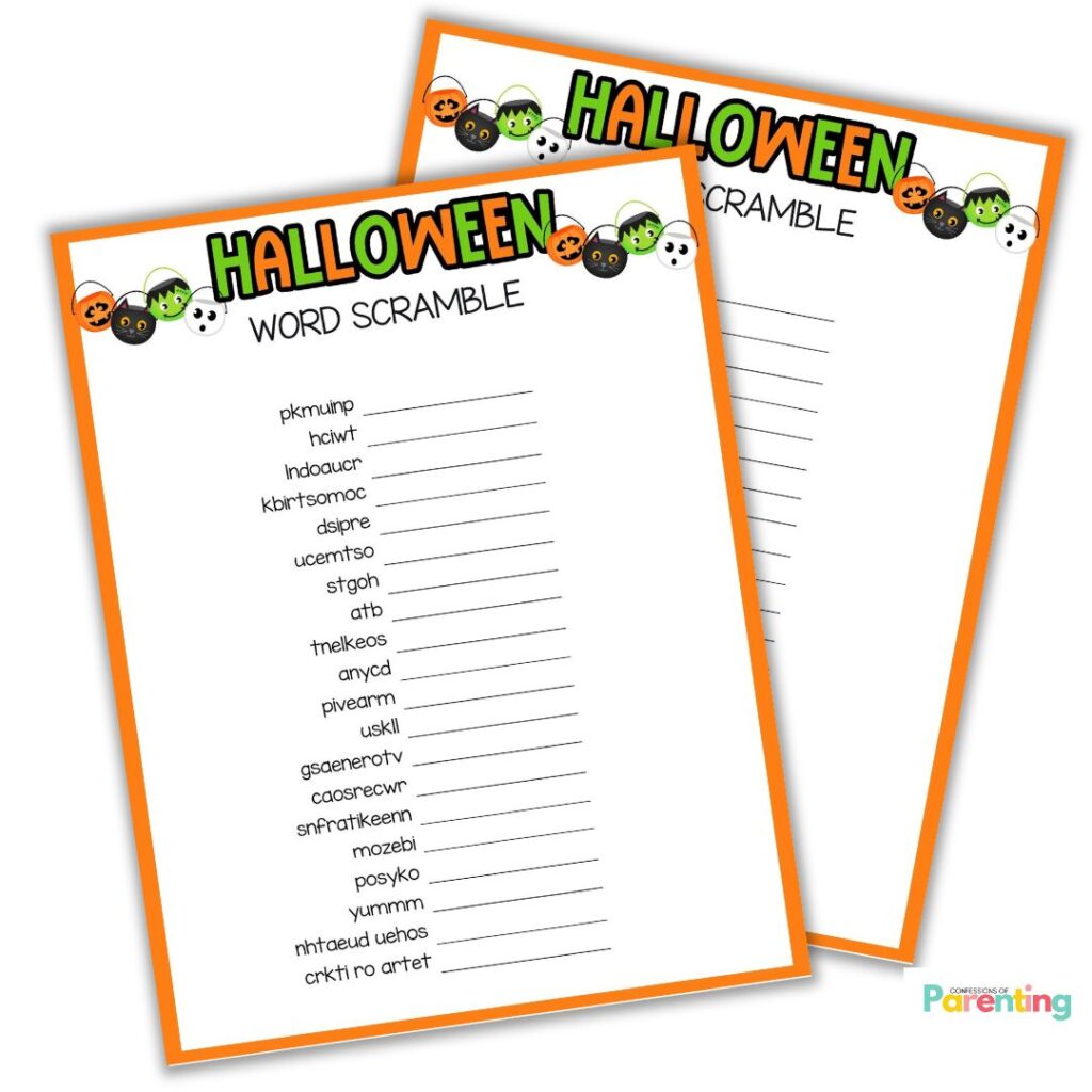 Printable Halloween word scramble sheets with orange borders and themed scrambled words.