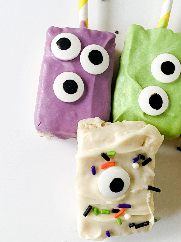 chocolate monster rice krispie treats with candy eyes