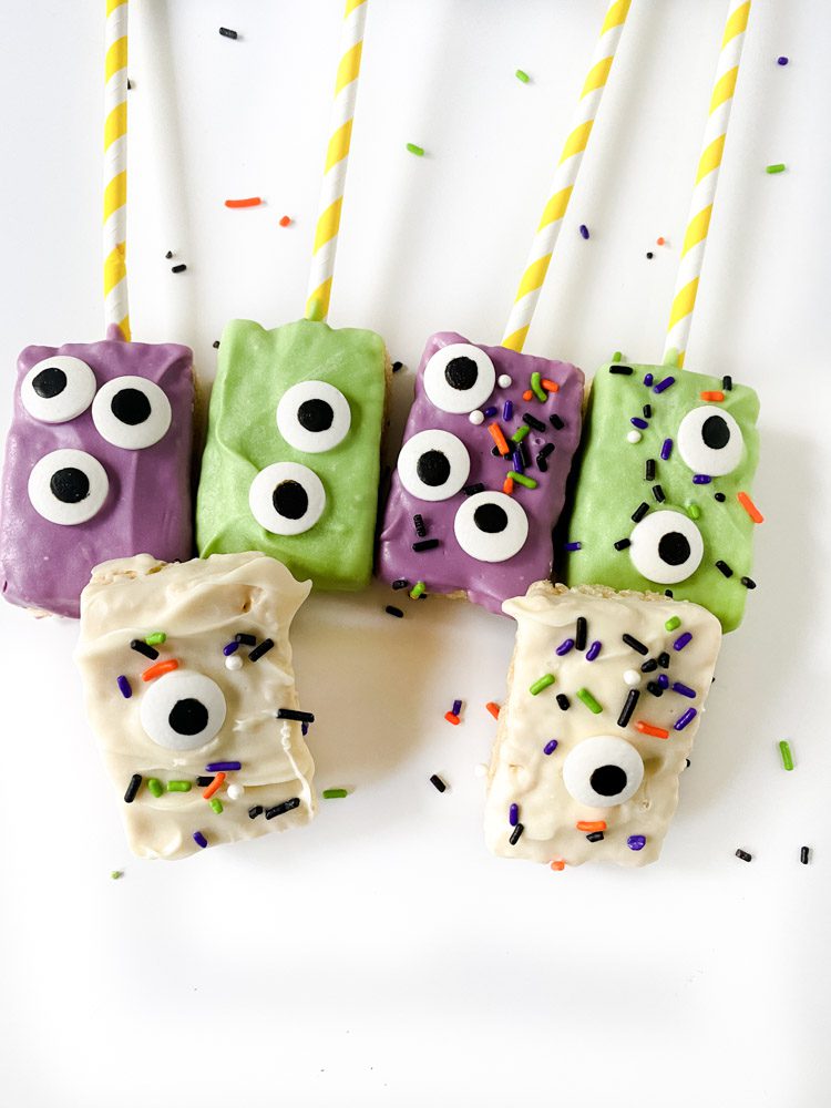 monster rice krispie treats with halloween sprinkles and candy eyes