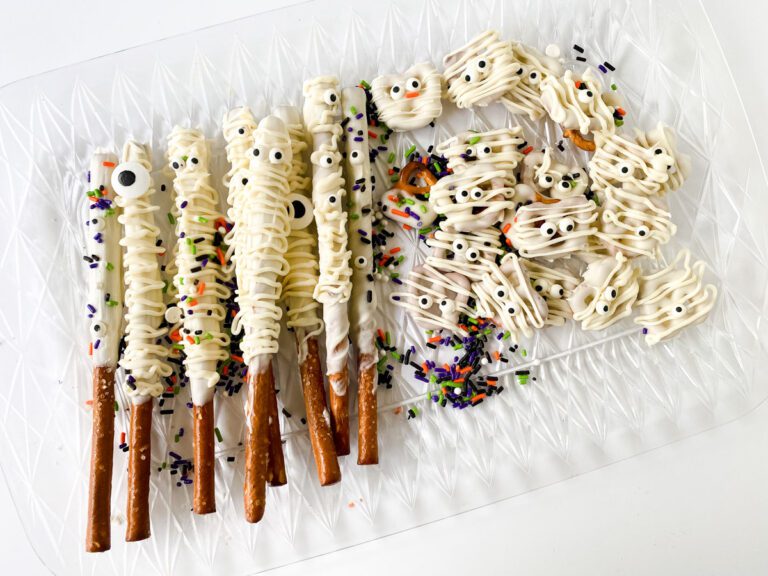 mummy pretzels made with pretzel rods and twists