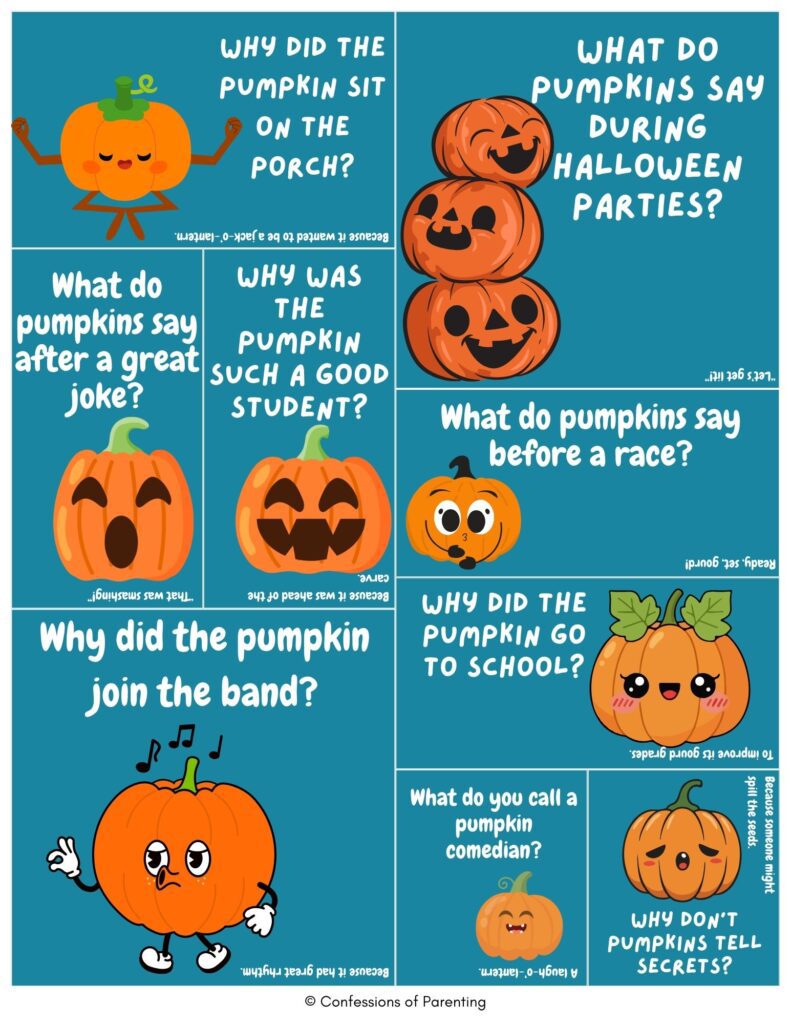 Pumpkin joke cards with cartoon pumpkins and kid-friendly pumpkin jokes on a teal background.