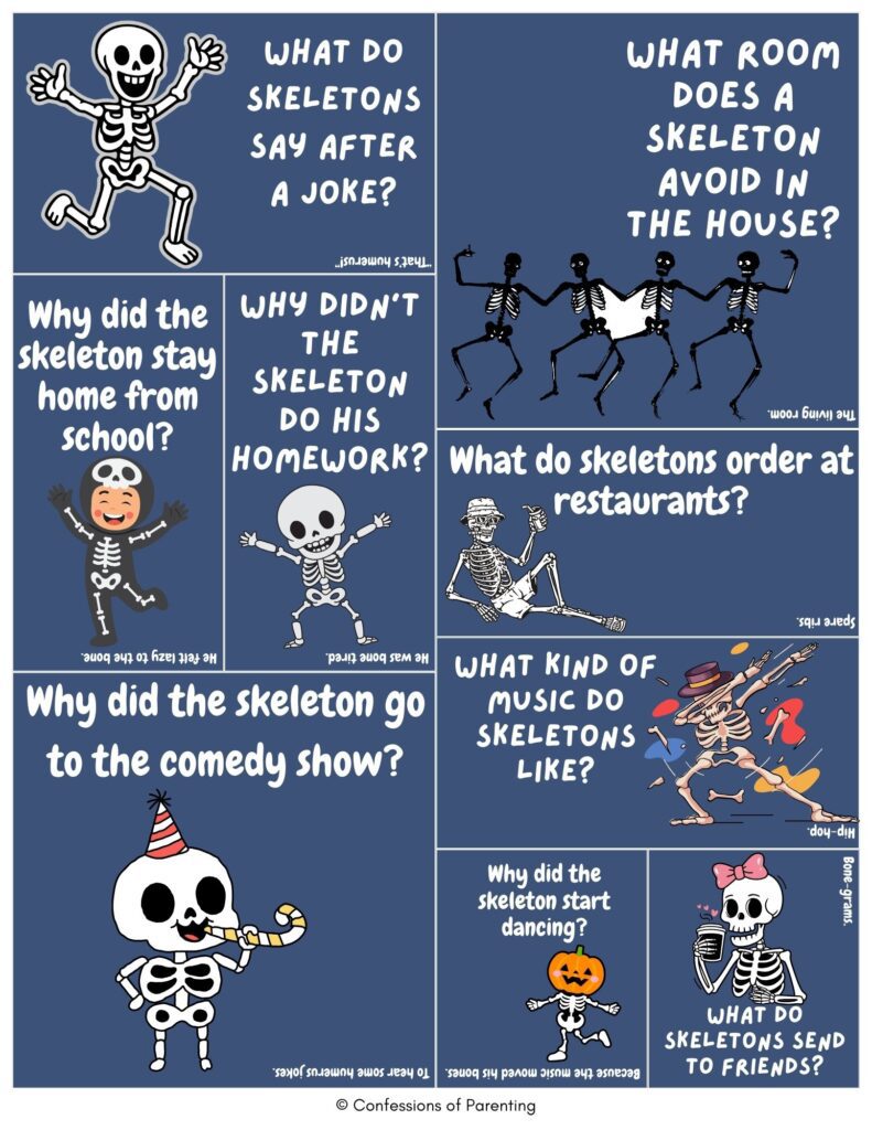 Blue collage of skeleton jokes for kids with cartoon skeletons dancing, joking, and playing music alongside funny bone-themed riddles and puns.