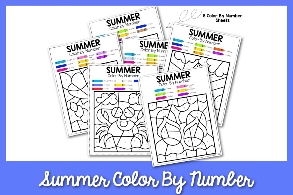 6 Summer color by number sheets with a blue border