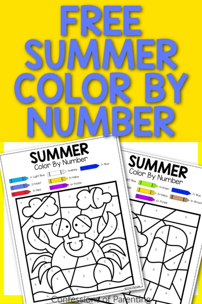 2 Summer color by number sheets on a yellow background
