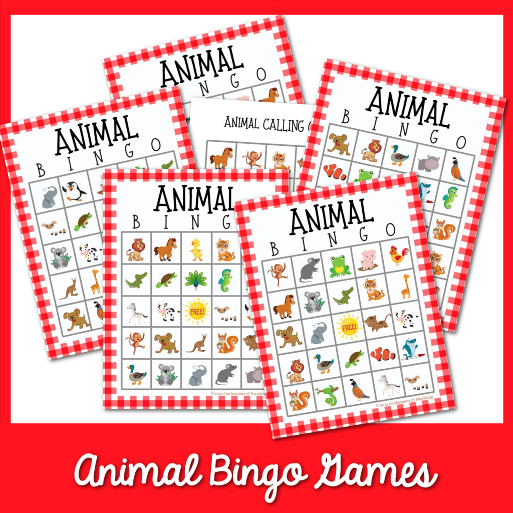 Feature: Animal bingo game cards with a red border
