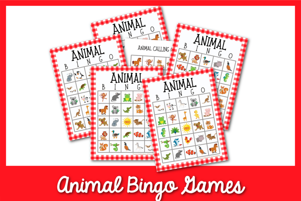 Feature: Animal bingo game cards with a red border
