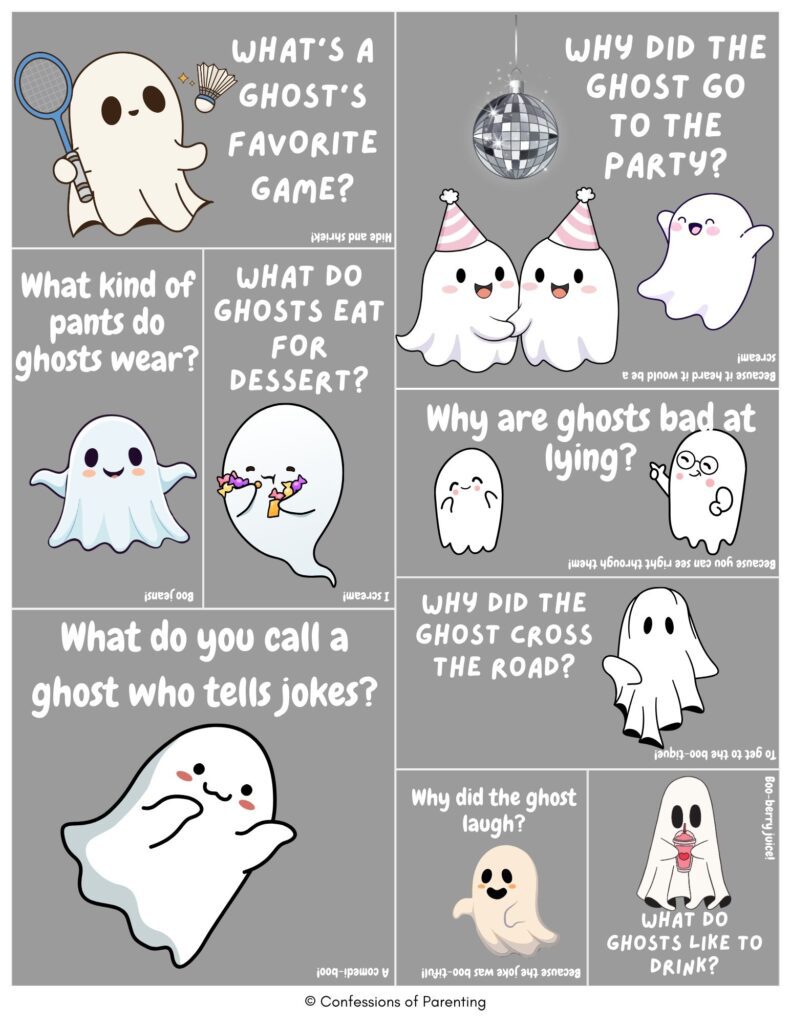 Ghost joke cards with cute cartoon ghosts and kid-friendly ghost jokes on a gray background.