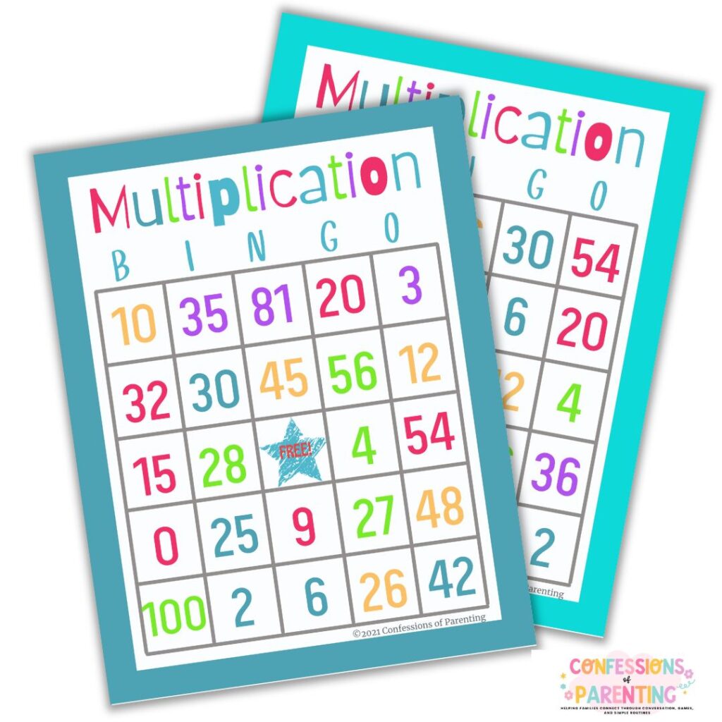 Colorful printable multiplication bingo cards with numbers and free space for kids’ math practice game.