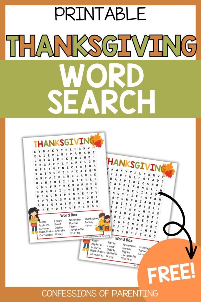 Printable Thanksgiving Word Search featuring fall-themed words like turkey, feast, and pumpkin pie, free from Confessions of Parenting for family holiday fun.