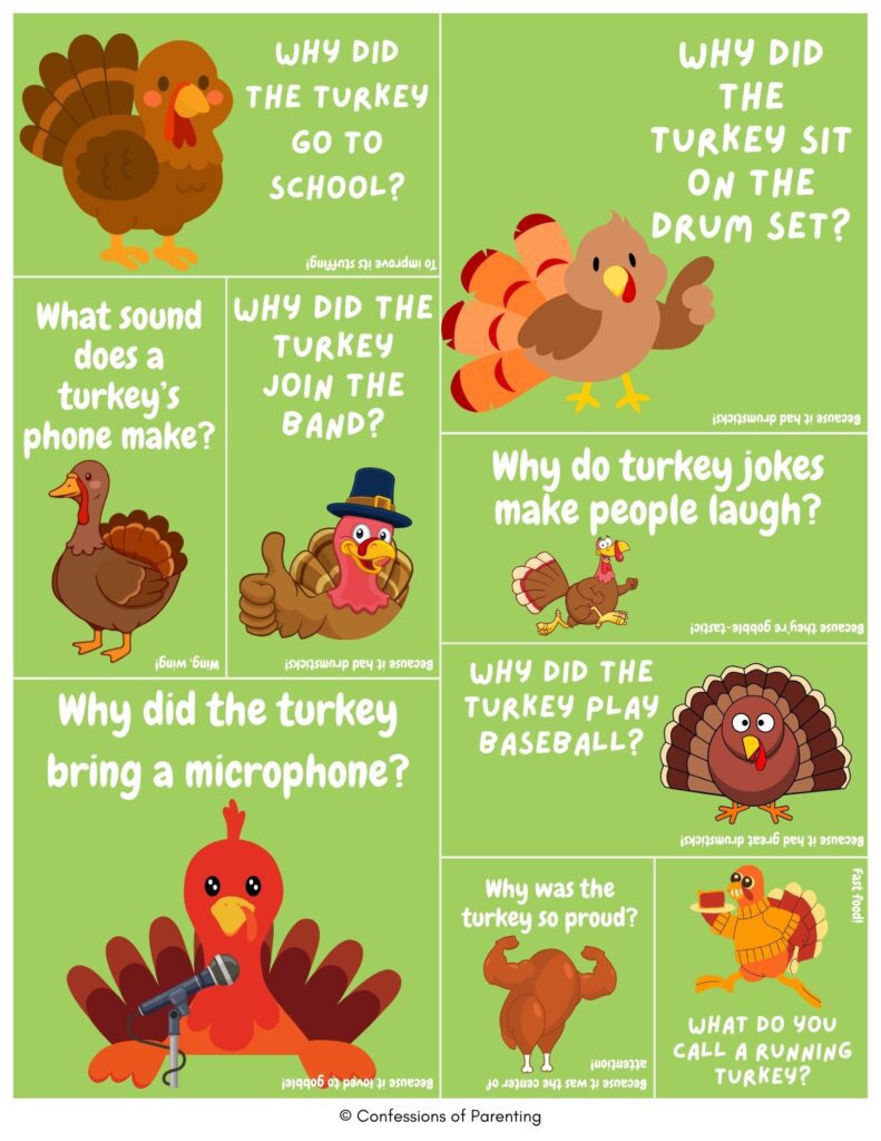 Turkey joke cards with cartoon turkeys and kid-friendly Thanksgiving turkey jokes.