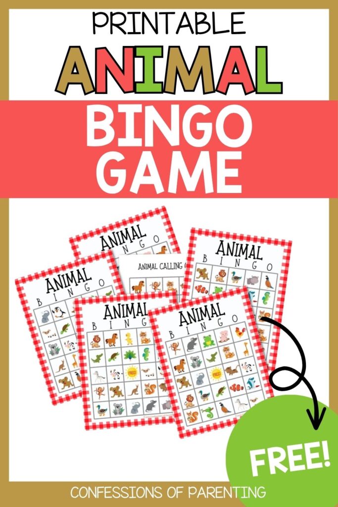 Printable animal bingo game with colorful title, cartoon animal bingo cards, red gingham borders, and a green “FREE!” badge.