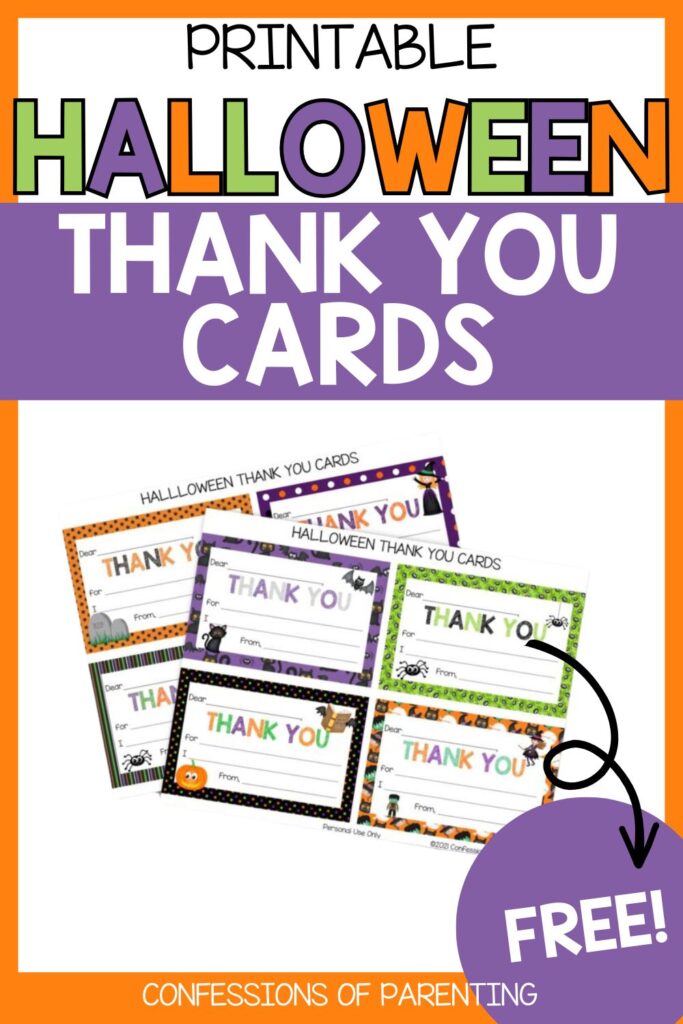 Printable Halloween thank you cards with fun designs like pumpkins, cats, bats, and witches.
